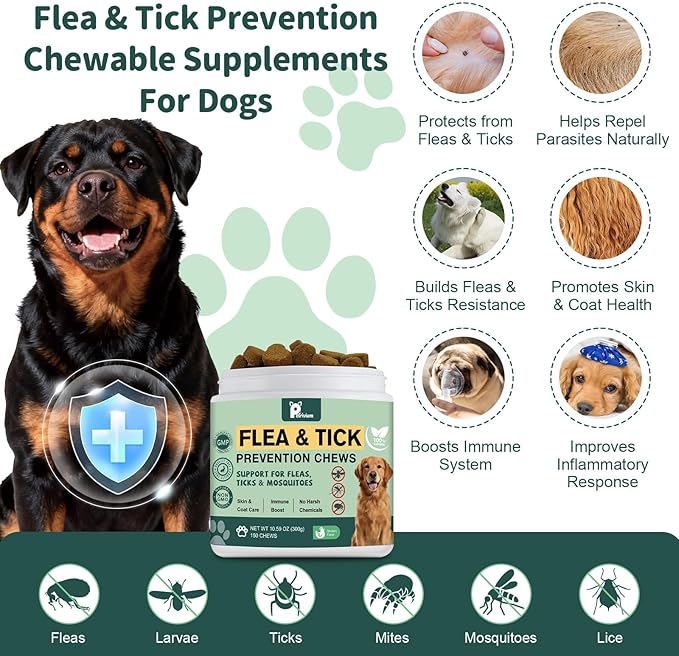 Dogs Flea and Tick Prevention Treatment Chewable, Flea and Tick Prevention for Dogs, Oral Flea Pills Treatment Support Supplement - Flea and Tick Chews - All Breeds & Sizes - 150 Ct