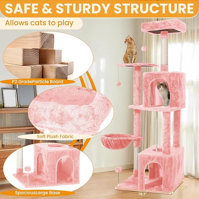 54-Inch Cat Tree Tower with 2 Caves & 2 Pompoms - Multi-Level Tower for Indoor Cats, Soft Plush Condo with Scratching Posts - Sturdy Base for Large Cats(Pink)
