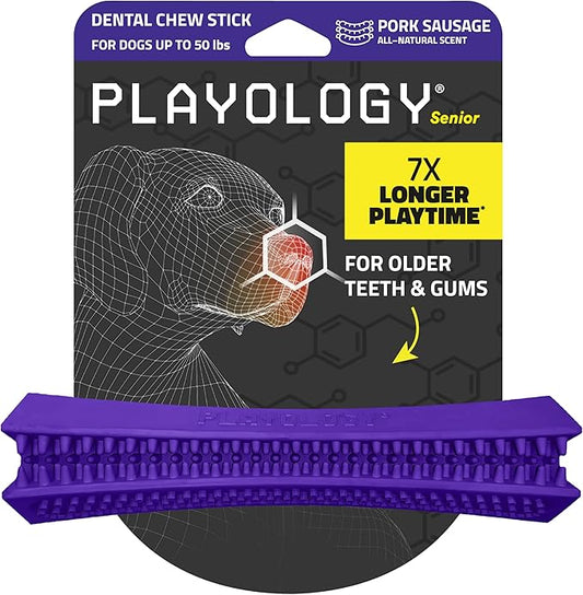 Playology Dog Toys | Dental Chew Stick for Senior Dogs | Pork Sausage Scented Medium Toy | Dog Chew Toy for Healthy Teeth and Gums