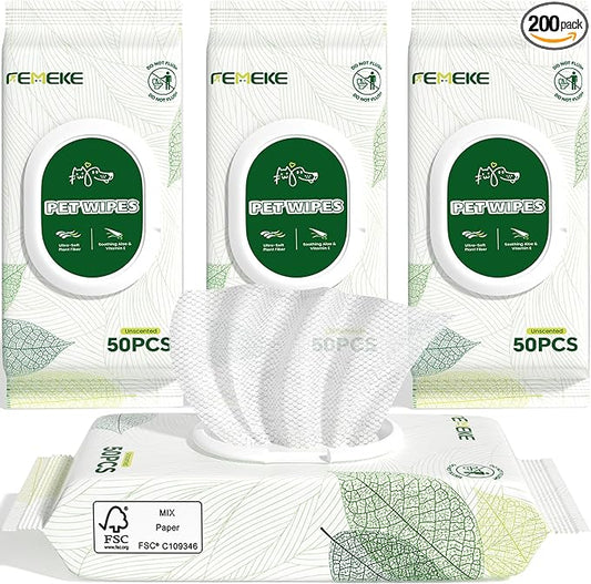 Unscented Dog Wipes & Cat Wipes (4x50 Packs) | Hypoallergenic, pH Balanced for Paws, Body, Eyes & Ears Grooming |All-Natural Plant Fiber Wipes with Aloe & Vitamin E | Pearl Texture