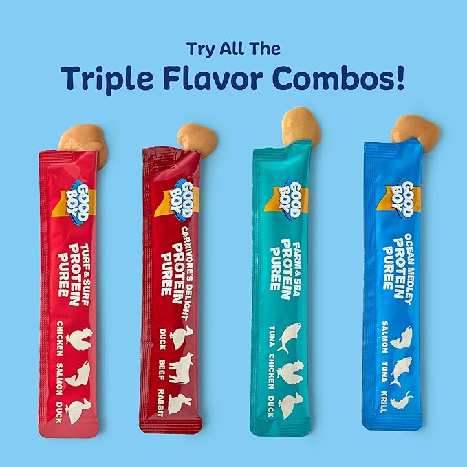 Good Boy Turf & Surf Protein Purees Dog Food Mixers for All Adult Dogs, 10 Count, Easy Single-Serve Triple Flavor Topper Treats with Chicken, Salmon and Duck