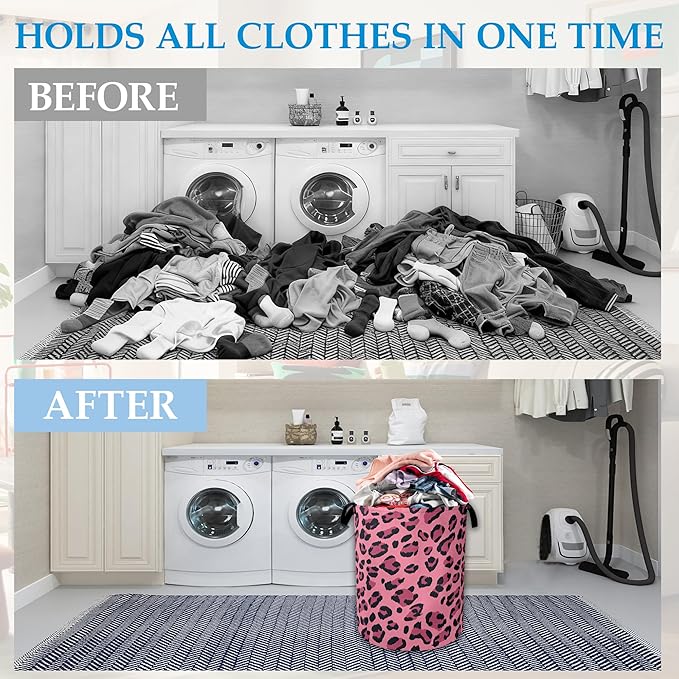 Pink Leopard Laundry Basket Collapsible Laundry Hamper Clothes Toy Storage Bin for Bathroom Bedroom Room Decor 16" X 20.8"