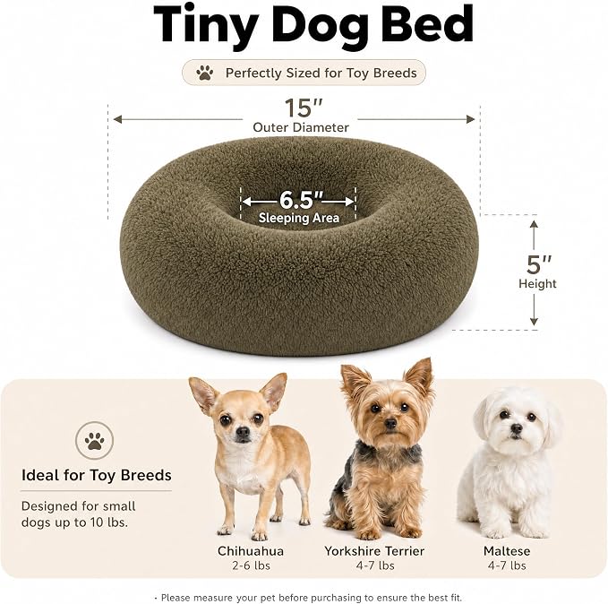 Tiny Dog Bed 15 Inch for Extra Small Dogs,Washable Puppy Bed,Soft Faux Fur Calming Donut Bed for Chihuahua Yorkie Maltese Pomeranian,Army Green
