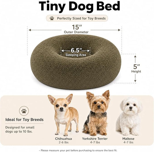 Tiny Dog Bed 15 Inch for Extra Small Dogs,Washable Puppy Bed,Soft Faux Fur Calming Donut Bed for Chihuahua Yorkie Maltese Pomeranian,Army Green