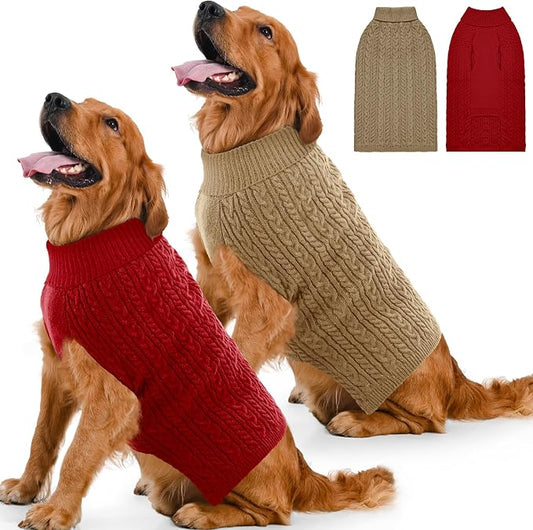 Dog Sweater 2 Pack for Large Dogs, Size XL, Red & Brown | Stretchy cable knit turtleneck, machine washable, high belly cut, comfy winter fit for English Bulldog, Boxer
