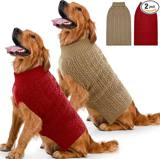 Dog Sweater 2 Pack for Large Dogs, Size XXL, Red & Brown | Stretchy cable knit turtleneck, machine washable, high belly cut, comfy winter fit for Golden Retriever, Labrador
