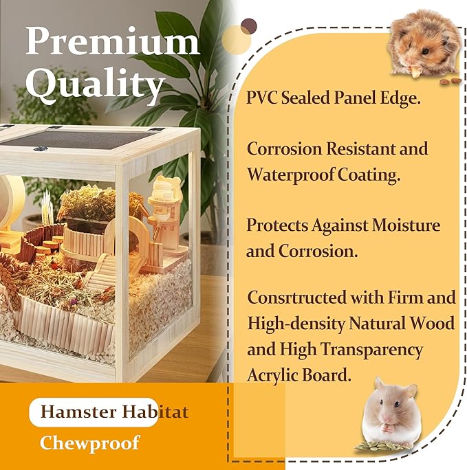 PROLEE Hamster Cage with Metal Mesh Top, Chewproof Wooden Guinea Pig Cages, Mice and Rat Habitat,Large Hamster Cages with Acrylic Sheets Solid Built (24X16X16 Inch)