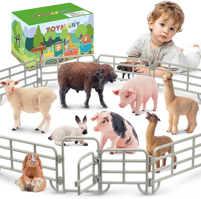 Toymany Realistic 17PCS Farm Animal Figurines Set with Fence, Includes Pigs, Sheeps, Alpaca and Rabbits Figures, Educational Toy Easter Bunny Figures Cake Toppers Birthday Gift for Kids Toddlers