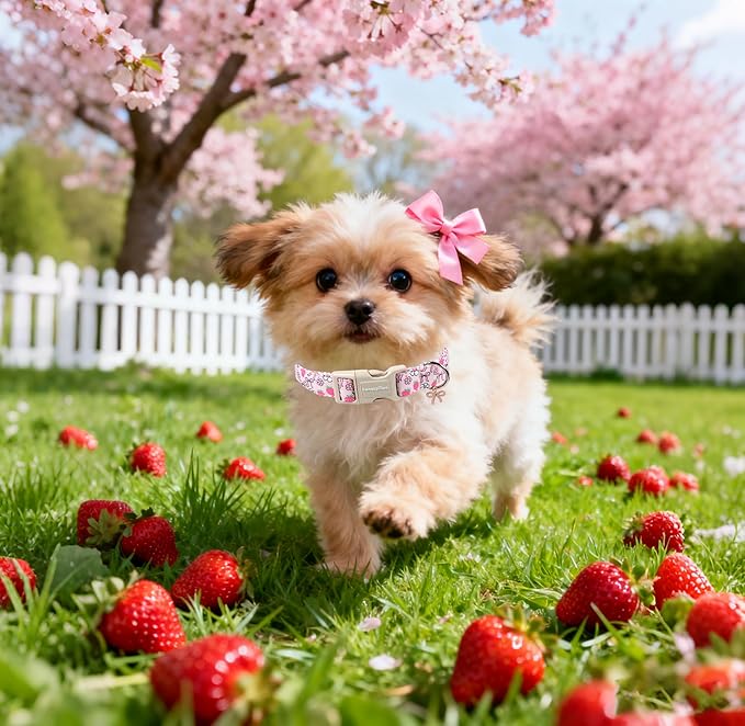 Lionet Paws Spring Dog Collar- Cute Strawberry Pink Dogs Collar with Plastic Buckle and Bowtie Pendant,Dog Collar for Small Medium Dogs