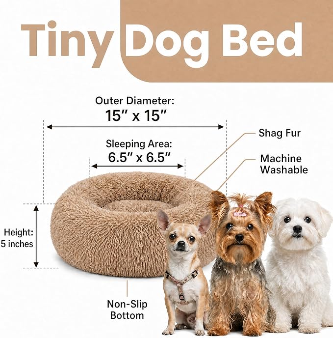 Tiny Dog Bed 15 Inch for Extra Small Dogs,Washable Puppy Bed,Soft Faux Fur Calming Donut Bed for Chihuahua Yorkie Maltese Pomeranian,Brown