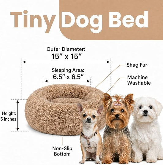 Tiny Dog Bed 15 Inch for Extra Small Dogs,Washable Puppy Bed,Soft Faux Fur Calming Donut Bed for Chihuahua Yorkie Maltese Pomeranian,Brown