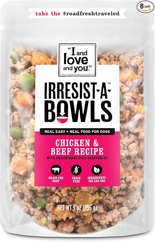 I AND LOVE AND YOU Irresist-A-Bowls Wet Dog Food, Chicken and Duck Recipe, Ready to Serve, Grain Free, Real Meat, No Fillers, 9 oz Pouches, Pack of 4 Pouches, (Package May Vary)