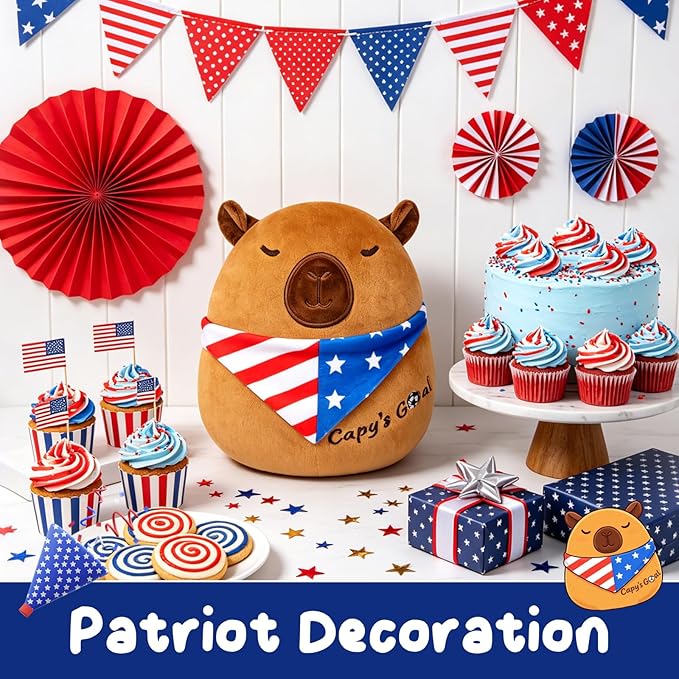 Capybara Plush with USA Flag Scarf - 8" Cute Stuffed Animal, Patriotic Decorations for July 4th & Memorial Day, Soft Toy Gift for Kids Adults 250 Anniversary Decorations
