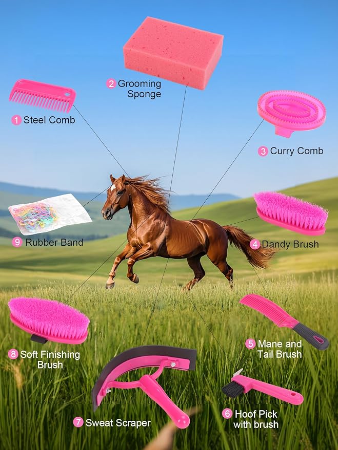 Horse Grooming Kit, Pink Storage Bag with 10 Piece Professional Equestrian Care Tools, Brushes, Combs, Scraper and Gloves (Pink)