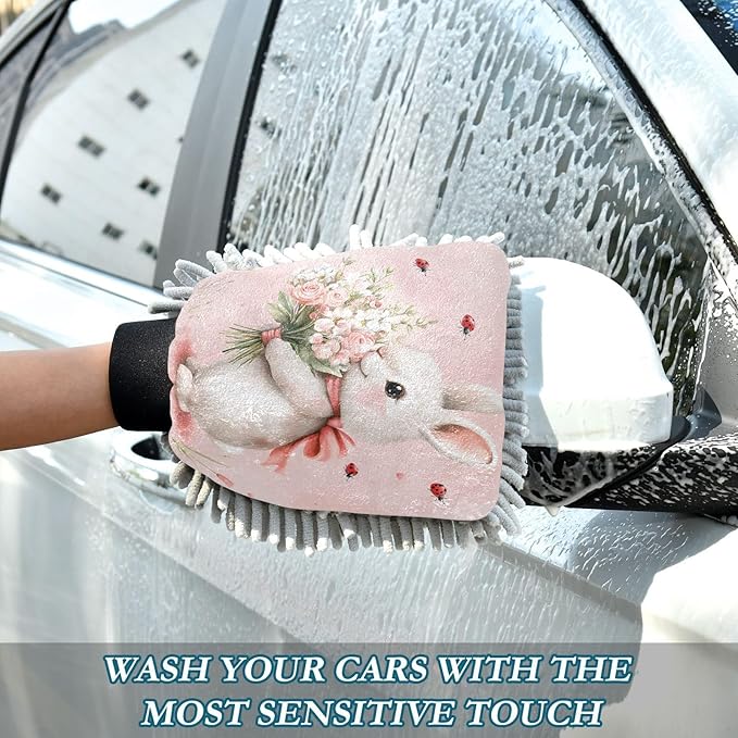 Emelivor Rabbit Flower Ladybugs Car Wash Mitt Microfiber Cleaning Gloves Scrub Mitts Brush Scratch Free for Car Cleaning Supplies 2-Pack