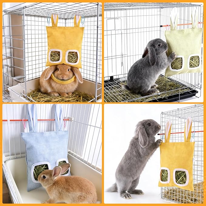 2 Pack Rabbit Guinea Pig Hay Feeder, Cute Bunny Hay Bag, Hanging Hay Holder for Guinea Pig Cage, Hay Feeder for Rabbits Chinchillas Hamsters Small Pets and Animals (Yellow & Blue)