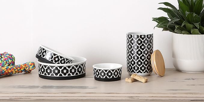 Bone Dry Lattice Collection Pet Bowl & Canister, Large Set, 7.5x2.4 inches, Black, 2 Piece