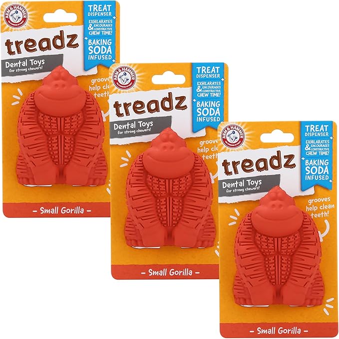 Arm and Hammer for Pets Super Treadz Mini Gorilla Dental Chew Toy for Dogs - Reduces Plaque and Tartar Without Brushing, Baking Soda Infused, Dishwasher Safe, Dogs Up to 25 Lbs, 3.5 Inch - 3 Pack