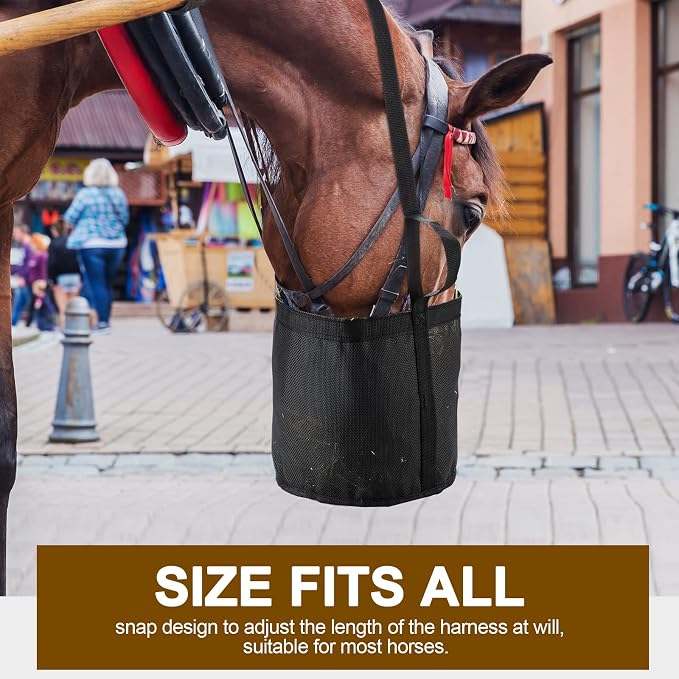 Sumind 2 Pcs Feed Horses Bag for Grain Hay Bags Heavy Duty Mesh Horse Feeder with Adjustable Strap Comfort Neck Pad Nose Pad and Waterproof Bottom Muzzle(Black)