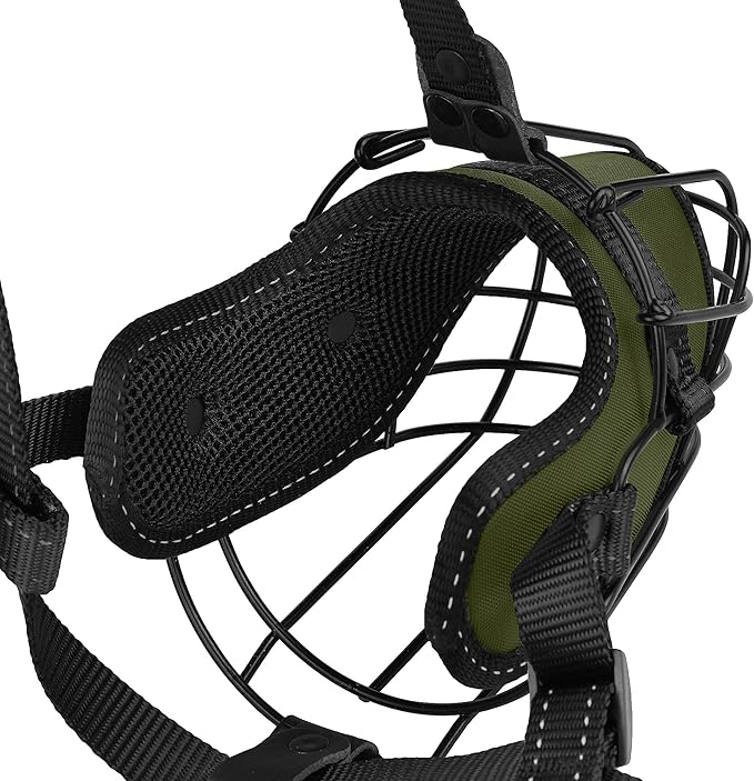 OOPSDOGGY Pitbull Dog Muzzle Reflective Metal Mask Secure Wire Basket Muzzles for Large Sized Dogs Amstaff Soft Cage to Prevent Biting Chewing with Adjustable Nylon Straps (Green, Pitbull)