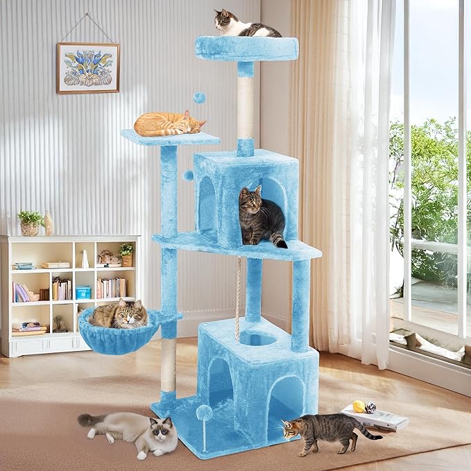 54-Inch Cat Tree Tower with 2 Caves & 2 Pompoms - Multi-Level Tower for Indoor Cats, Soft Plush Condo with Scratching Posts - Sturdy Base for Large Cats(Blue)
