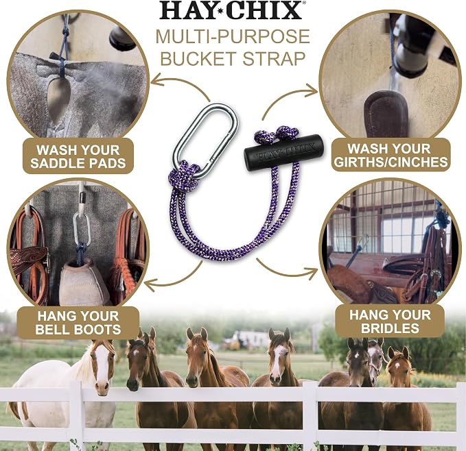 hay chix Horse Bucket Strap for Stalls | Bucket Hanger for Water Buckets | Multipurpose Hanging Strap for Trailer, Barn, Stable, and Horse Show Use | Easy to Use, Durable | 14 Inch, R. Amethyst