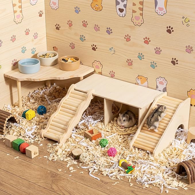 BreezeHug 4 Pcs Hamster Platform Hideout Wooden Tunnel Ladder Playhouse Hamster Game Climbing Toy with Platform Cage Accessories for Pets Dwarf Syrian Mice Degus Gerbils Squirrel(Peek)