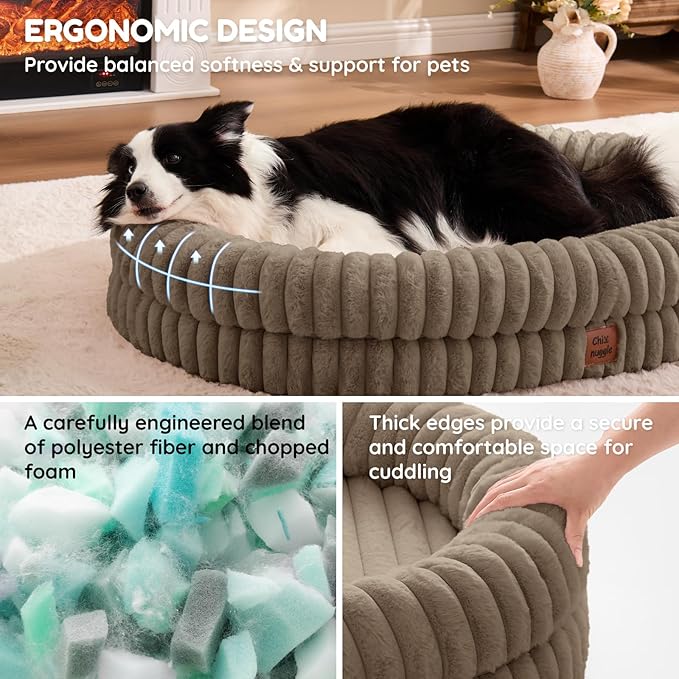 ChiXnuggle XL Dog Bed - Luxury Striped Faux Fur Waterproof Dog Couch with Removable Washable Cover, Orthopedic Dog Bed with Bolster Sides for Sleeping, Taupe
