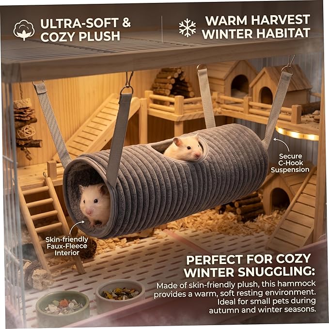 Ferret Hammock Tunnel, Play & Sleep Rat Hammock for Guinea Pigs, Rats, Hamsters, Soft Plush Cage Accessory - Gray - Rat