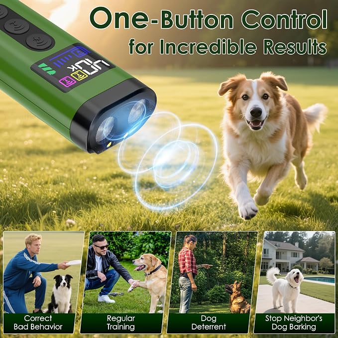 Dog Bark Deterrent Device, 65 FT Range,3X Ultrasonic Bark Deterrent Device & Ultrasonic Dog Trainer - Anti-Barking Device with Color Display, Safe & Effective Alternative to Bark Collars - Green