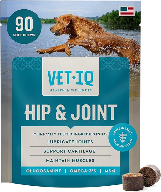 VetIQ Glucosamine Hip & Joint Supplement for Dogs, 90 Soft Chews, Joint Support Supplement with MSM and Krill, Dog Health Supplies Large & Small Breed, Chicken Flavored Chewables