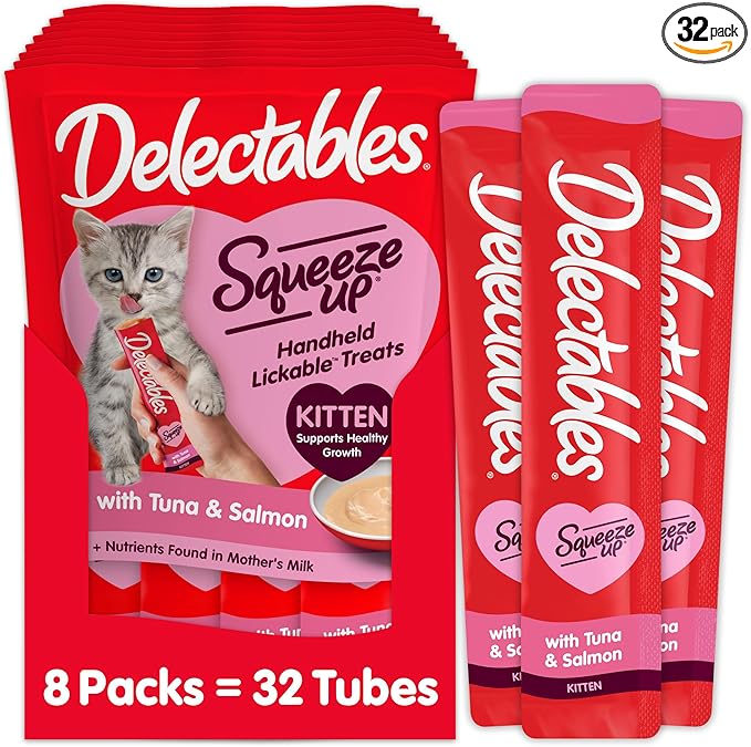 Delectables Squeeze Up Kitten Creamy Squeezable Puree, Lickable Wet Cat Treats, Grain Free, No Added Fillers, No by-Products, No Added Preservatives, 0.5 Ounces Tube Tuna & Salmon, 32 Tubes Total