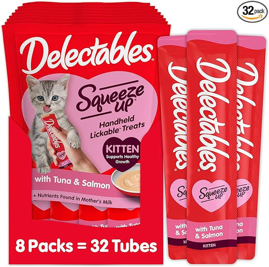 Delectables Squeeze Up Kitten Creamy Squeezable Puree, Lickable Wet Cat Treats, Grain Free, No Added Fillers, No by-Products, No Added Preservatives, 0.5 Ounces Tube Tuna & Salmon, 32 Tubes Total