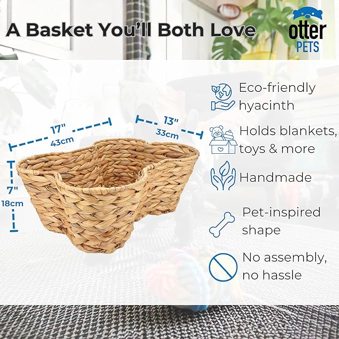 OtterPets Dog Toy Basket, Hyacinth Cat & Dog Bone Shaped Basket, Wicker Pet Toy Bin Organizer, Dog Toy Storage (17x13 Hyacinth)