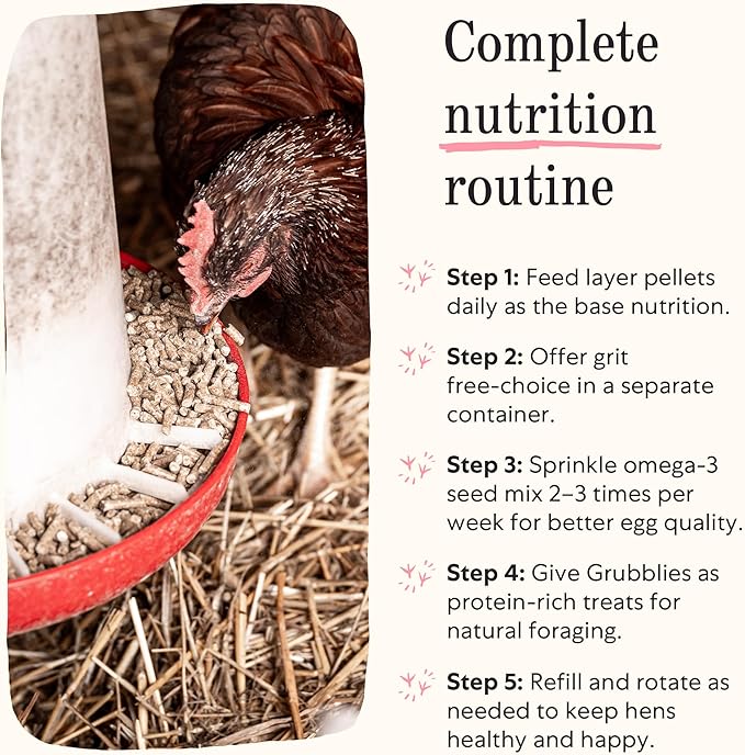 Grubbly Farms Adult Chicken Bundle - Chicken Grit, Fresh Pecks Layer Feed Pellets, Omega Mix & Grubblies - Complete Nutrition, Proper Digestion, Strong Eggshells & Natural Protein Treats