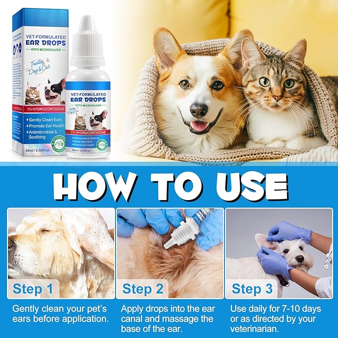 NenMaoKeNu Cat & Dog Ear Infection Treatment Drops, Ear Cleaner to Soothe and Relieve Itchness, with 1% Hydrocortisone for Dog Ear Infections, Prevents Inflammatio, Treats Ear Infections- 2.02 Fl.Oz