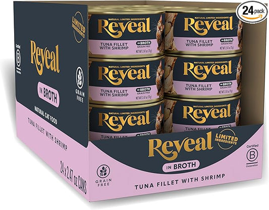 Reveal Natural Wet Canned Cat Food, Limited and Natural Ingredients, Grain Free, High Protein with No Artificial Additives, Tuna Fillet with Shrimp in Broth (24 x 2.47 oz Cans)