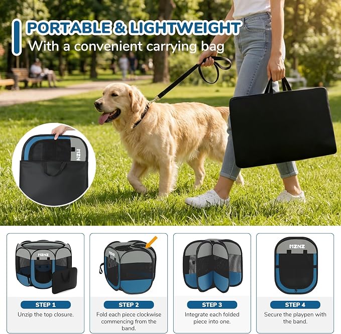 Dog Cat Playpen, Portable Puppy Pet Crate Indoors for Small/Medium Dogs Cats Rabbits, Foldable Dog Cage Enclosure for Outdoor, Pop Up Dogs Tent Kennel with Carrying Case, Grey Blue