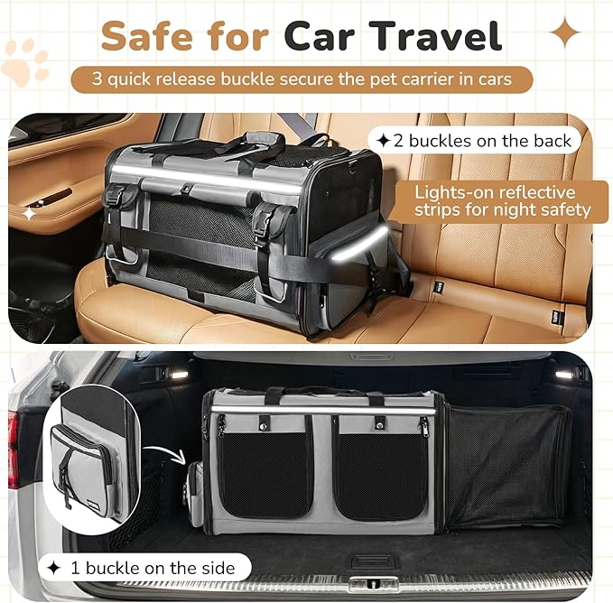 Expandable Extra Large Cat Carrier for 2 Cats, Double Cat Travel Carrier Bag with Litter Box, Foldable Breathable Soft Sided Pet Dog Carrier with Divider for Car Travel, Outdoor & Vet Visit