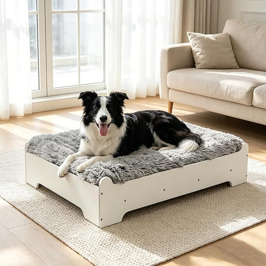 Elevated Dog Bed 37⅜" × 28⅜"×7⅝”, Raised Wooden Dog Bed Frame and Mattress for Large Pets up to 80lbs