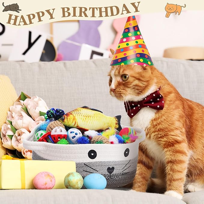 Zopeal 58 Pcs Mother’s Day Cat Storage Basket Gift Toys Set, Colorful Flashing Balls Pet Bell Crinkle Balls Spring Toys Attract Cat to Swat, Hunt, Interactive for Pet(Multicolor,9.8 Inch)