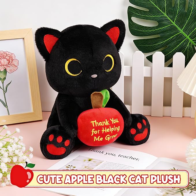 Black Cat Plush Holding Red Apple - Teacher Appreciation Gift Thank You for Helping Me Grow, 8inch Cute Stuffed Cat Plushie, Kawaii Toy Thank You Gift for Women Men Desktop Decor