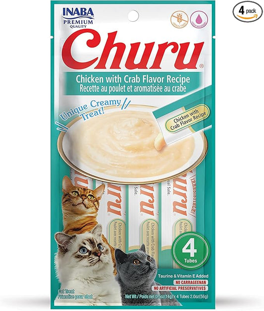 INABA Churu Cat Treats, Grain-Free, Lickable, Squeezable Creamy Purée Cat Treat/Topper with Vitamin E & Taurine, 0.5 Ounces Each Tube, 4 Tubes, Chicken with Crab Recipe