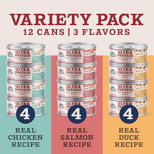 Natural Balance Ultra Protein Wet Cat Food Pate with Protein-Rich Organs for Cats, Variety Pack Recipes, Pate Cat Food with High Protein - 2.8oz. Case of 12