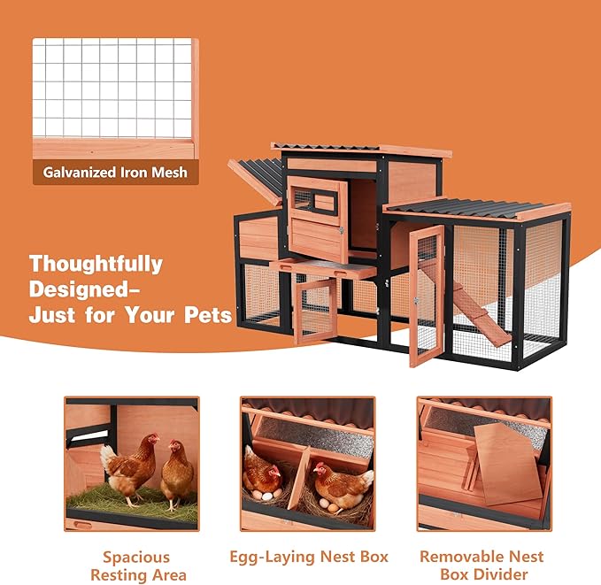 Outdoor Duck Coop with Run, Weatherproof Poultry Cage for 2-4 Chickens, Hen House with Nesting Boxes and Removable Tray for Easy Cleaning, Rabbit Cage Bunny Hutch in Orange with Black