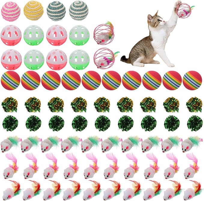 80 Pcs Cat Toys Bulk Kitten Toys Pack with Caged Rat Ball, Colorful Mice, Crinkle Balls, Rainbow Ball, Sisal & Bell Balls, Interactive Variety for Indoor Cats