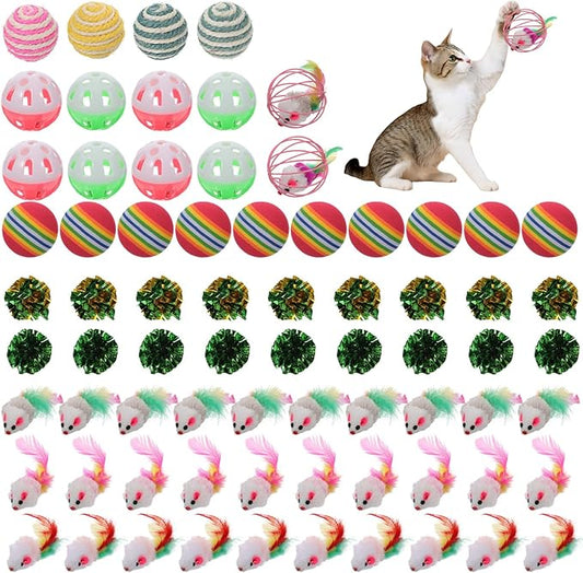 80 Pcs Cat Toys Bulk Kitten Toys Pack with Caged Rat Ball, Colorful Mice, Crinkle Balls, Rainbow Ball, Sisal & Bell Balls, Interactive Variety for Indoor Cats