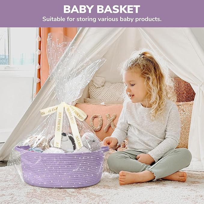 CHICVITA Small Woven Basket with Gift Bags & Ribbon Baskets for Gifts Empty, Rope Baskets for Organizing, Home Decoration for Kids,13.6"x 10" x 6", Purple