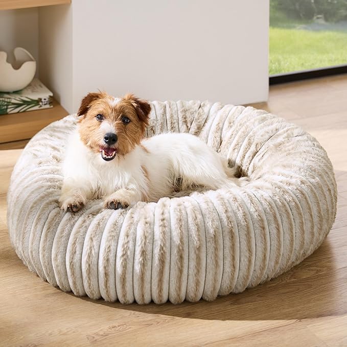 Bedsure ComfyFleece™ Donut Medium Dog Bed - Washable Faux Fur with Corduroy Fleece & Anti Slip Bottom, Round Pet Bed with Removable Cover, Amphora, 30x30x8 inches