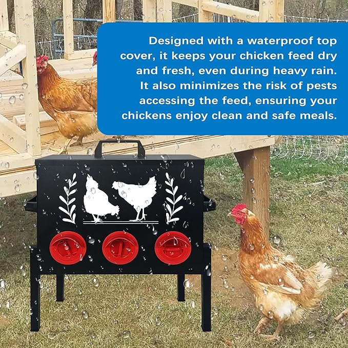 No Waste Automatic Chicken Feeder (30 LB), Rodent Resistant Metal Poultry Feeder with Locking Lid, Adjustable Stand & 8 Ports, Heavy Duty Weatherproof Feed Box for Hens, Ducks
